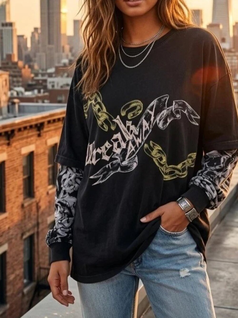 Urban Outfitters Graphic Printed Tee Tunic Top Long Sleeves Cotton 3XL-PS 290351